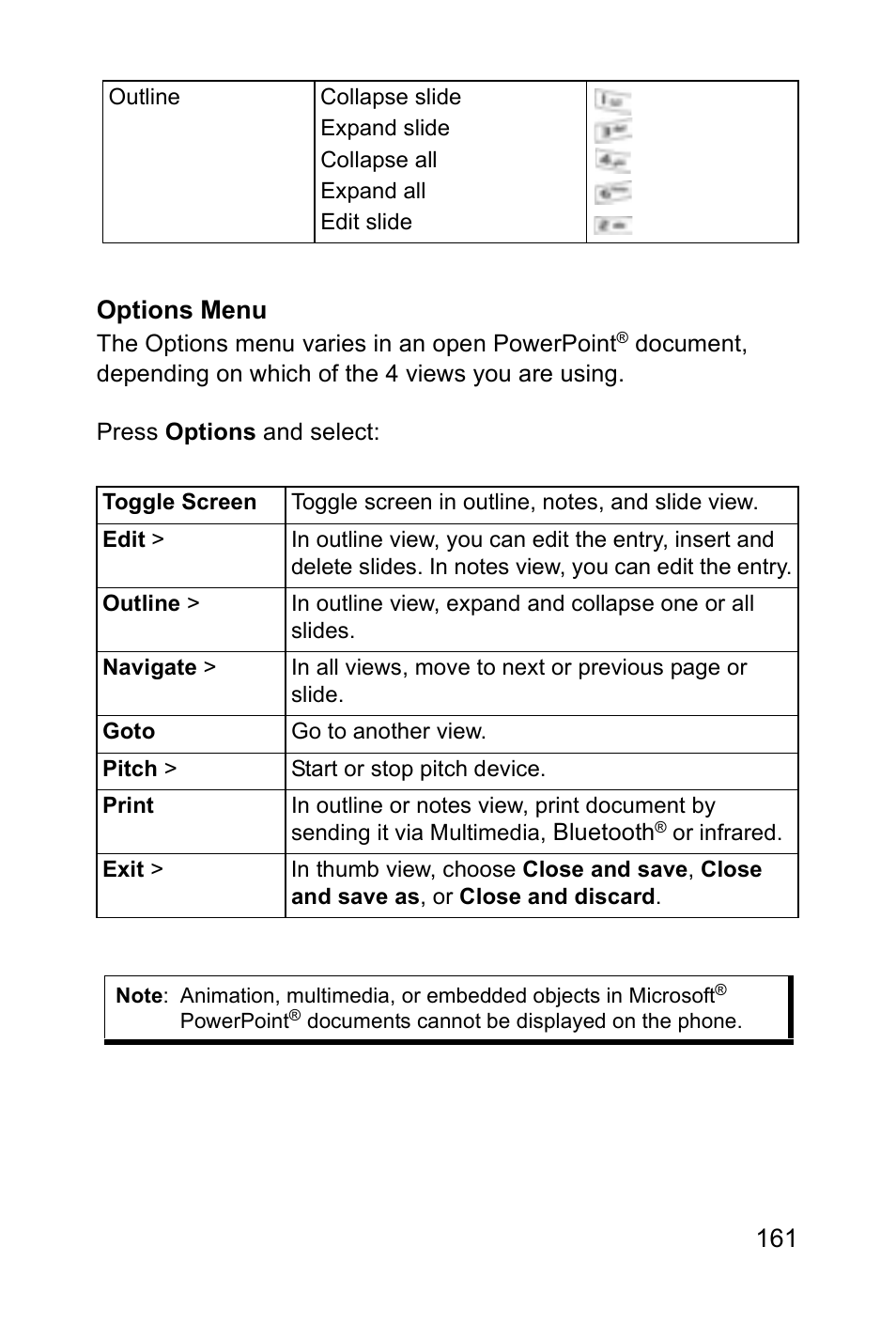 161 options menu | Panasonic EB-X700 User Manual | Page 164 / 179