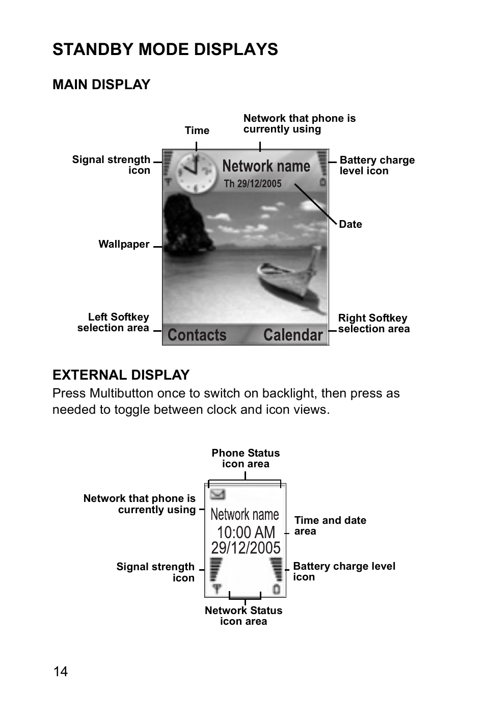 Standby mode displays, Main display external display | Panasonic EB-X700 User Manual | Page 17 / 179