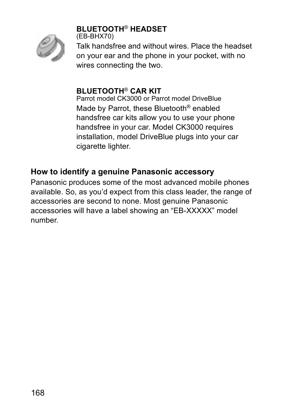 How to identify a genuine panasonic accessory | Panasonic EB-X700 User Manual | Page 171 / 179