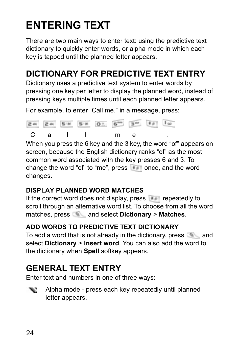 Entering text, Dictionary for predictive text entry, General text entry | Panasonic EB-X700 User Manual | Page 27 / 179