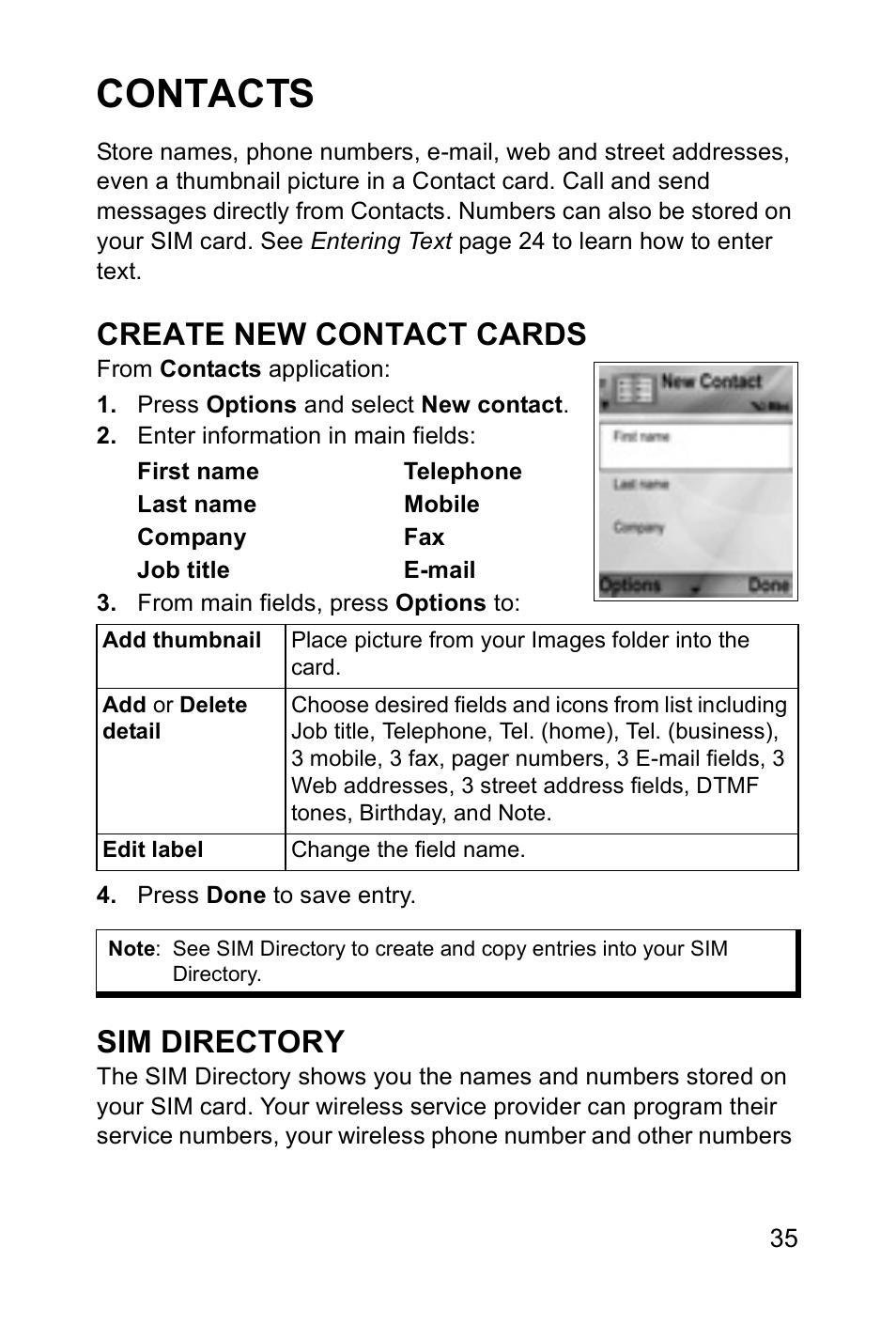 Contacts, Create new contact cards, Sim directory | Panasonic EB-X700 User Manual | Page 38 / 179