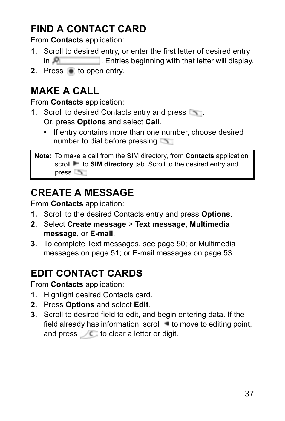 Find a contact card, Make a call, Create a message | Edit contact cards | Panasonic EB-X700 User Manual | Page 40 / 179