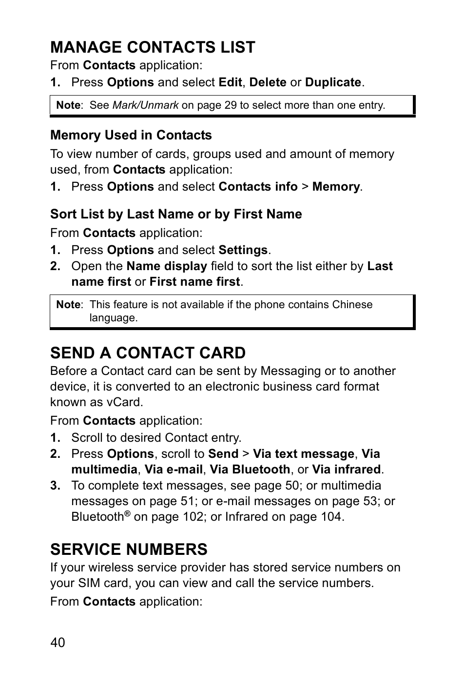 Manage contacts list, Send a contact card, Service numbers | Panasonic EB-X700 User Manual | Page 43 / 179