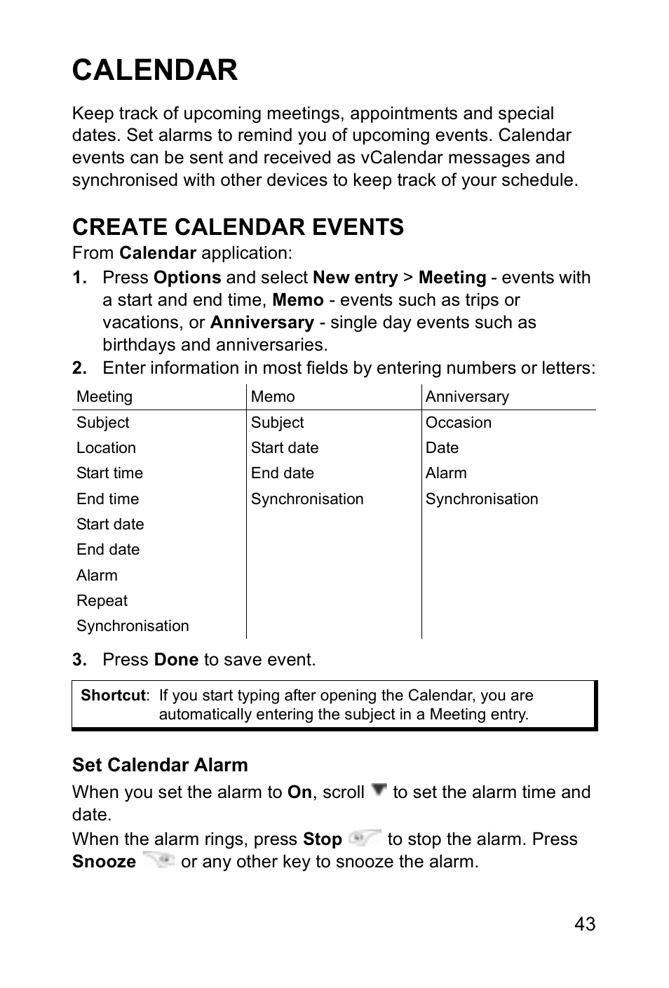 Calendar, Create calendar events | Panasonic EB-X700 User Manual | Page 46 / 179