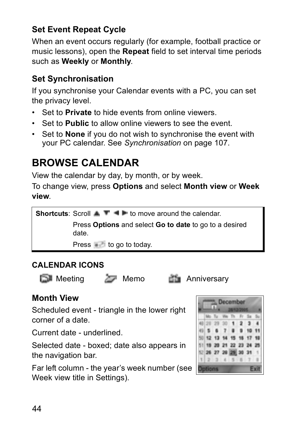 Browse calendar | Panasonic EB-X700 User Manual | Page 47 / 179