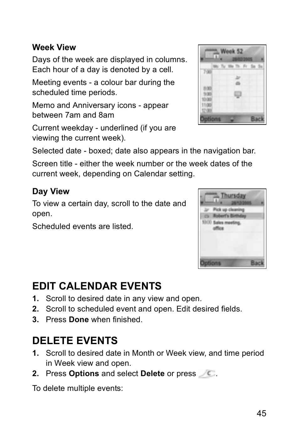 Edit calendar events, Delete events | Panasonic EB-X700 User Manual | Page 48 / 179