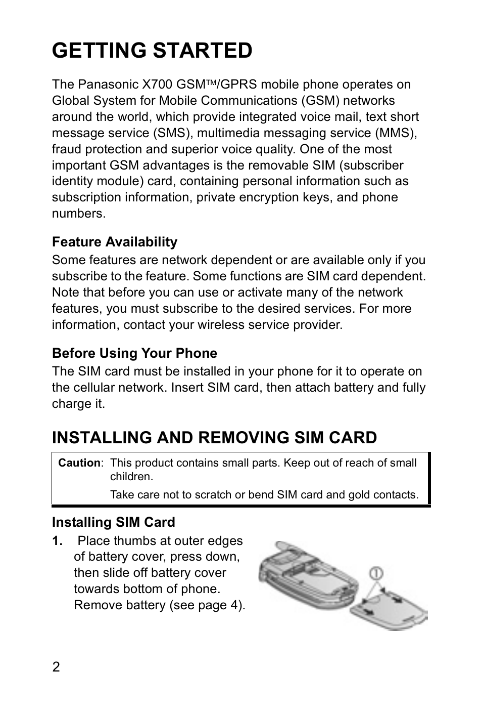 Getting started, Installing and removing sim card | Panasonic EB-X700 User Manual | Page 5 / 179