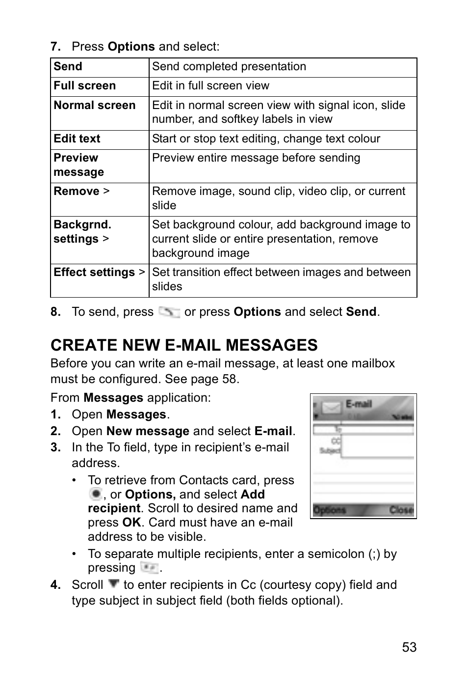 Create new e-mail messages | Panasonic EB-X700 User Manual | Page 56 / 179