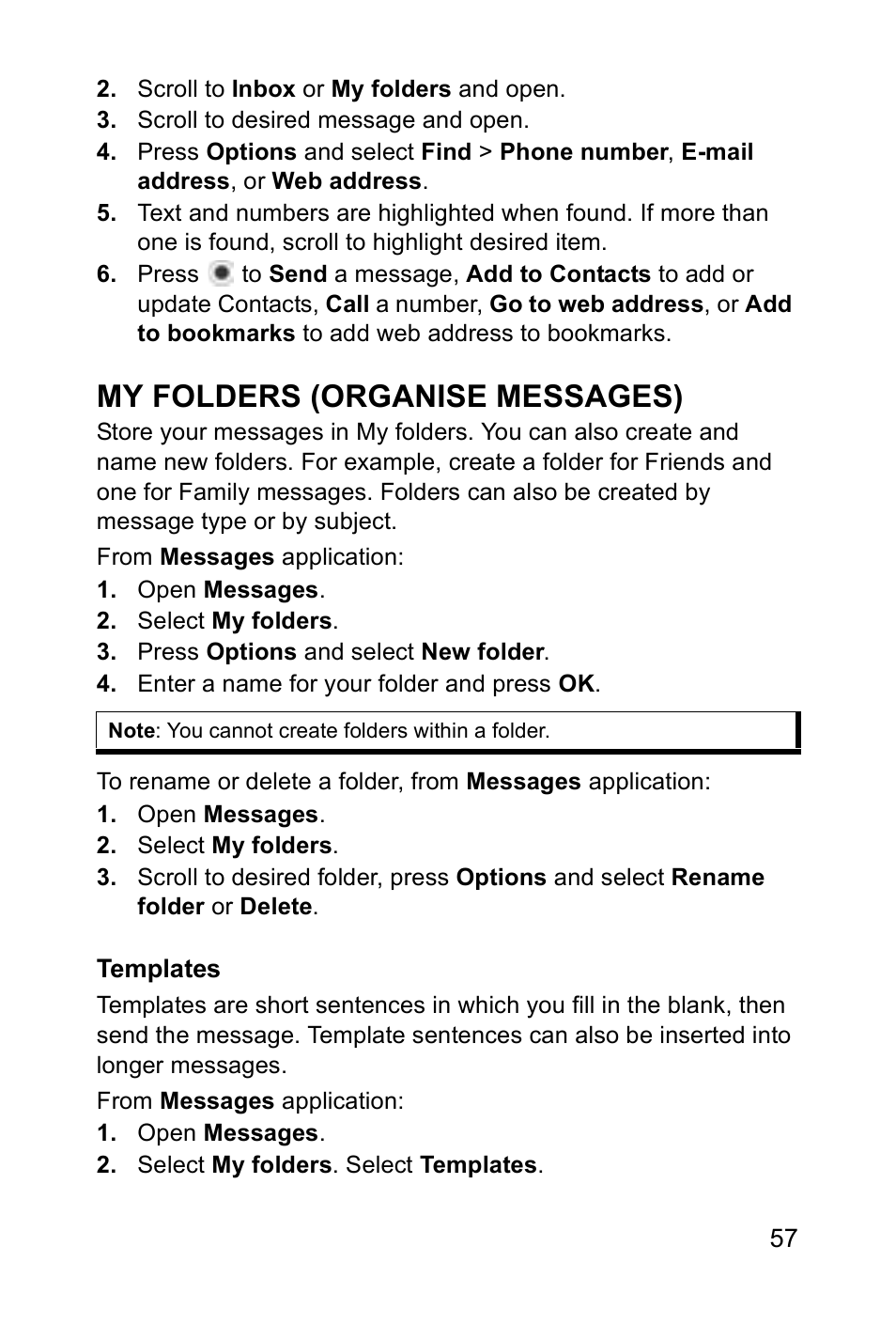 My folders (organise messages) | Panasonic EB-X700 User Manual | Page 60 / 179