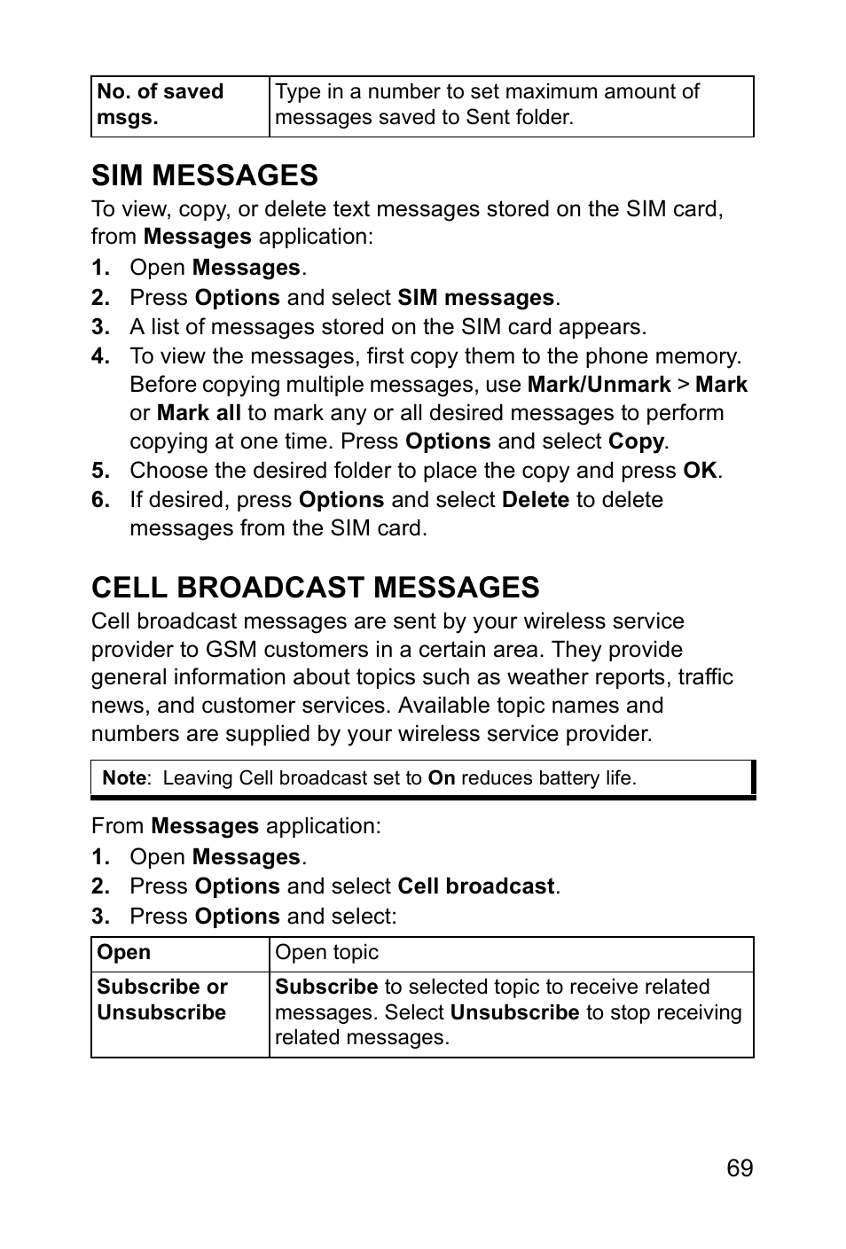 Sim messages, Cell broadcast messages | Panasonic EB-X700 User Manual | Page 72 / 179