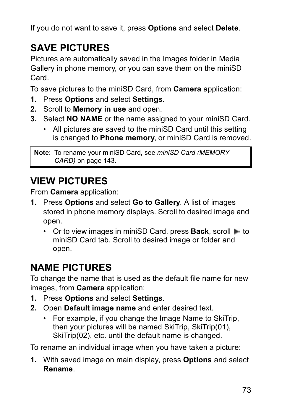 Save pictures, View pictures, Name pictures | Panasonic EB-X700 User Manual | Page 76 / 179