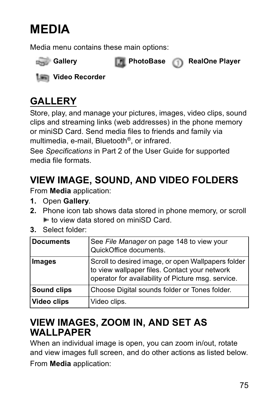 Media, Gallery, View image, sound, and video folders | View images, zoom in, and set as wallpaper | Panasonic EB-X700 User Manual | Page 78 / 179