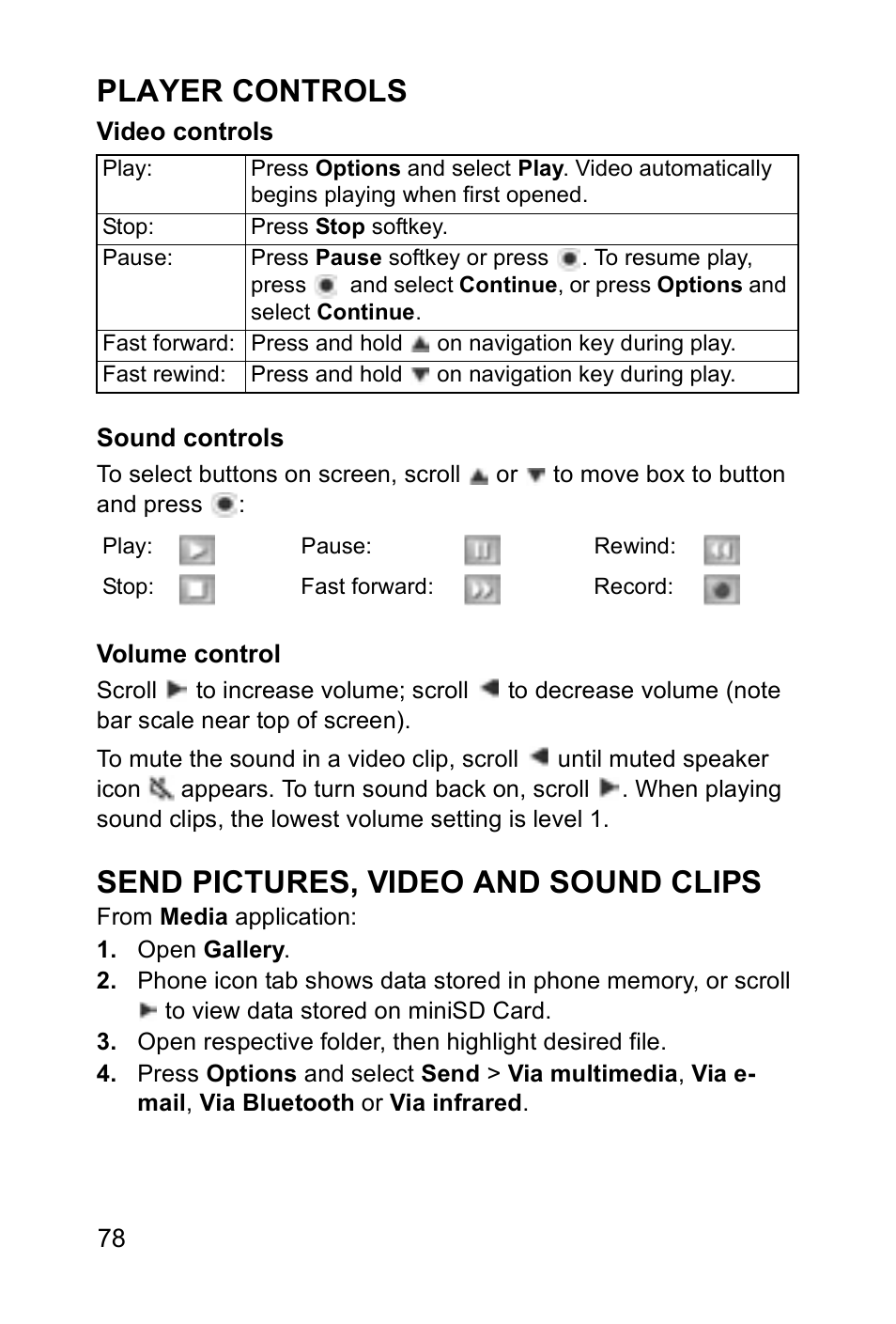 Player controls, Send pictures, video and sound clips | Panasonic EB-X700 User Manual | Page 81 / 179