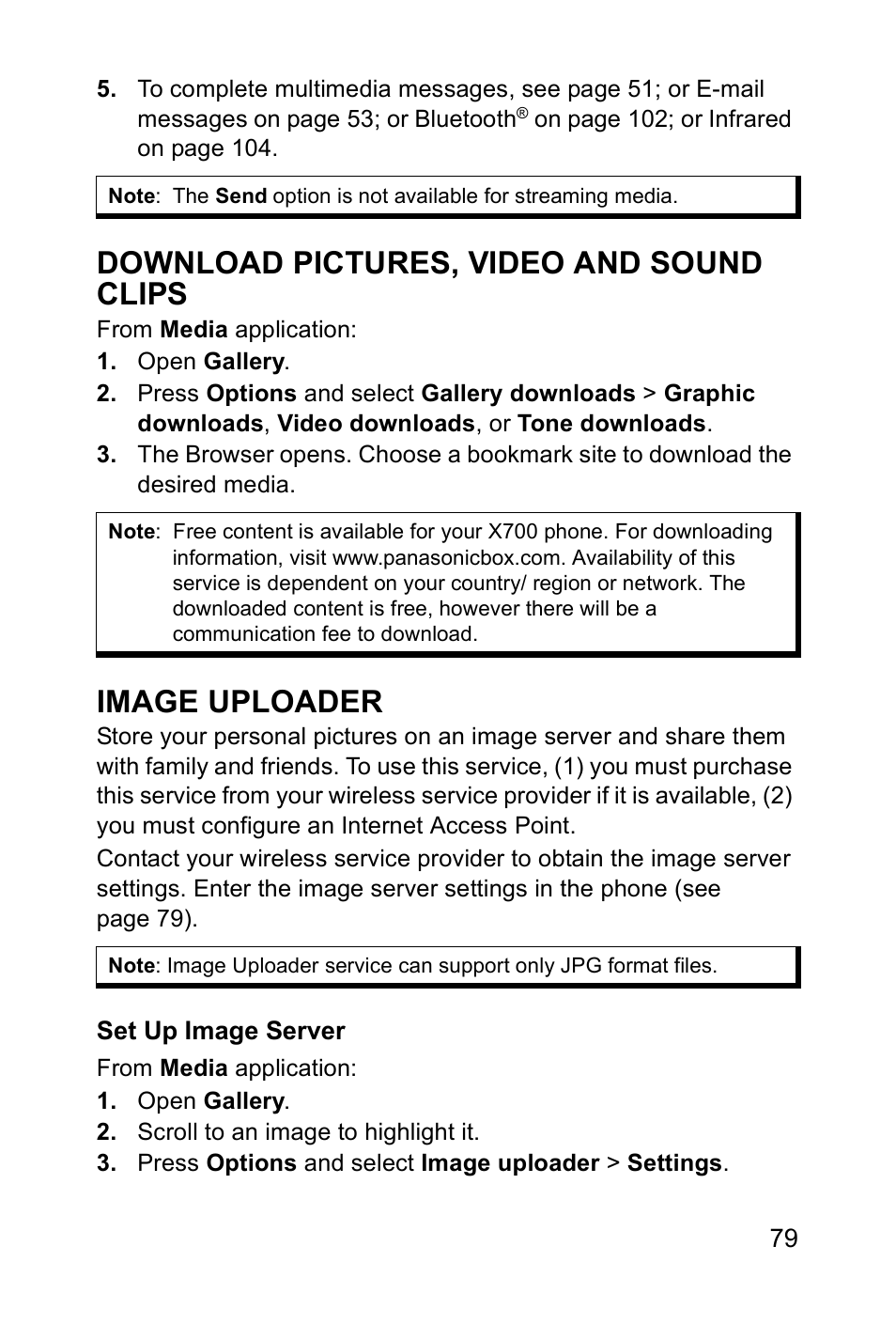 Download pictures, video and sound clips, Image uploader | Panasonic EB-X700 User Manual | Page 82 / 179