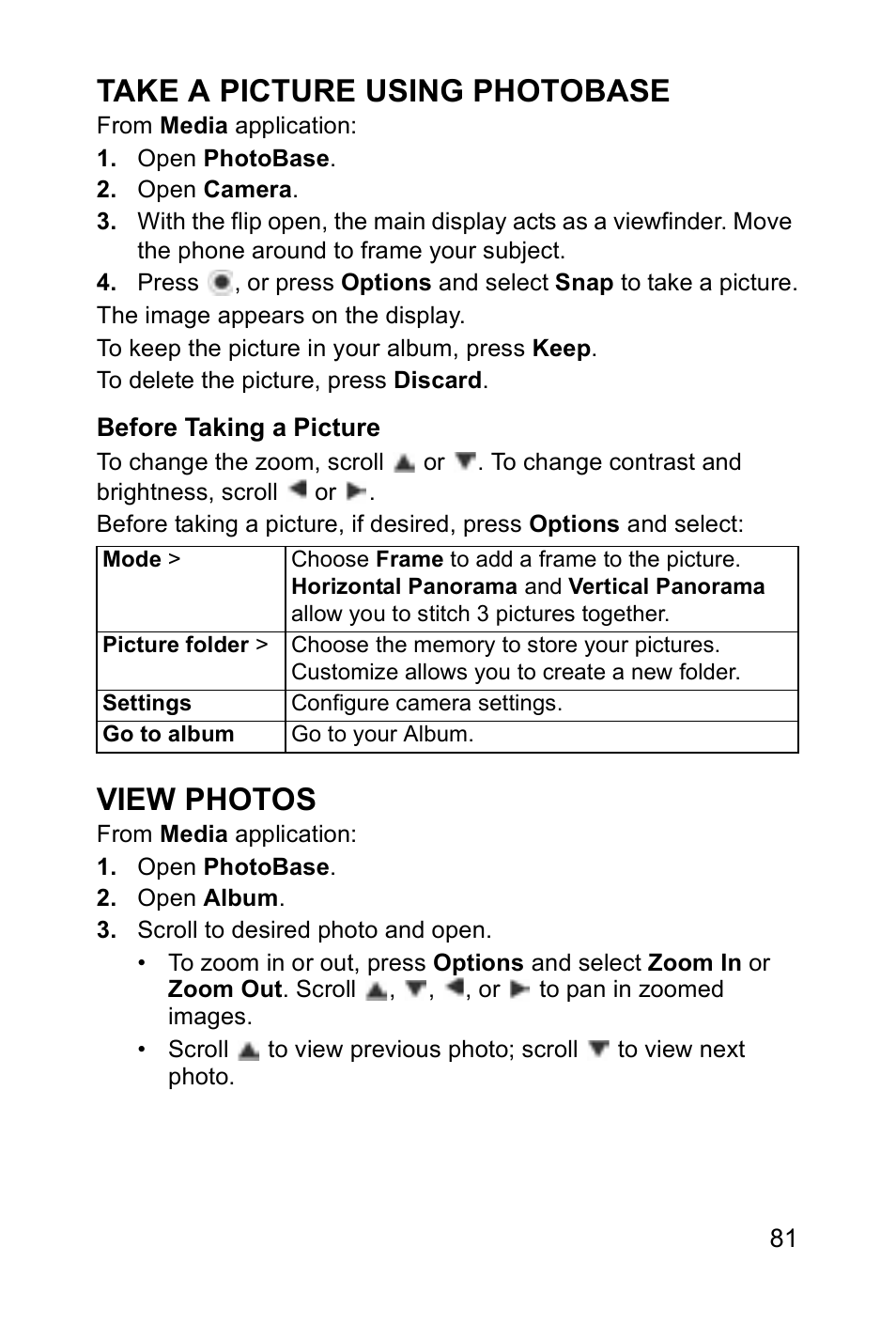 Take a picture using photobase, View photos | Panasonic EB-X700 User Manual | Page 84 / 179