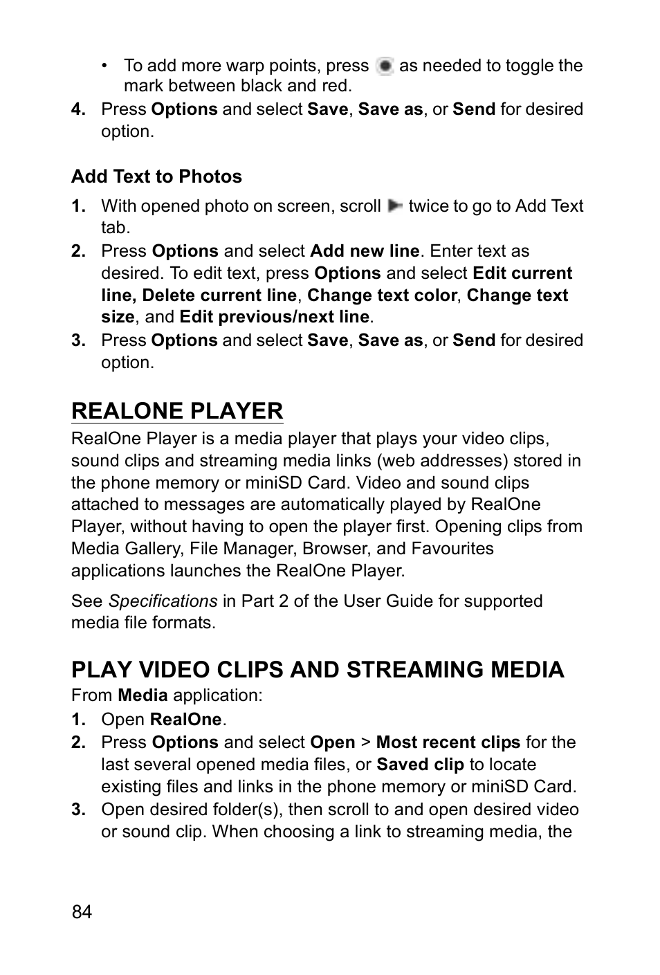 Realone player, Play video clips and streaming media | Panasonic EB-X700 User Manual | Page 87 / 179