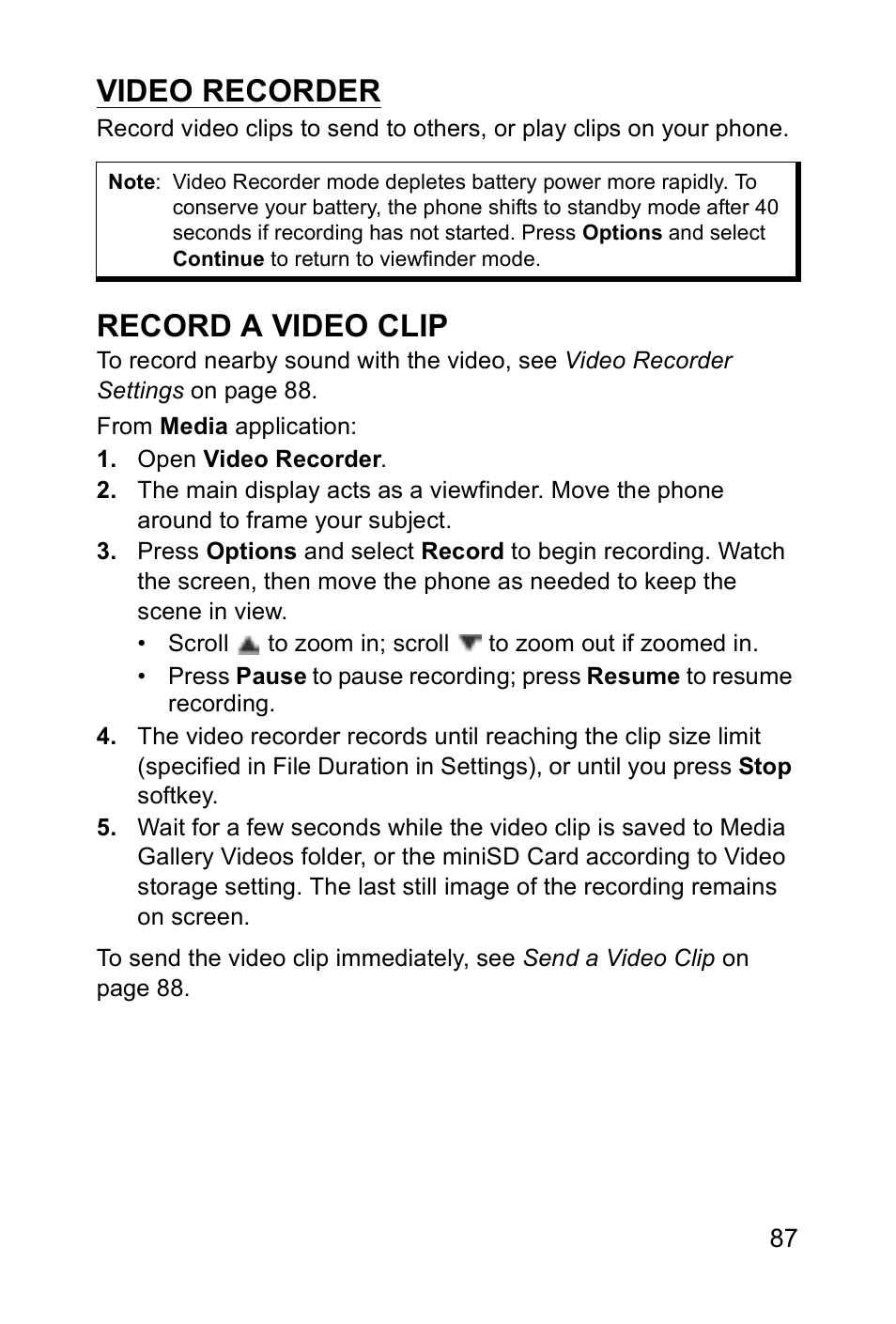 Video recorder, Record a video clip | Panasonic EB-X700 User Manual | Page 90 / 179