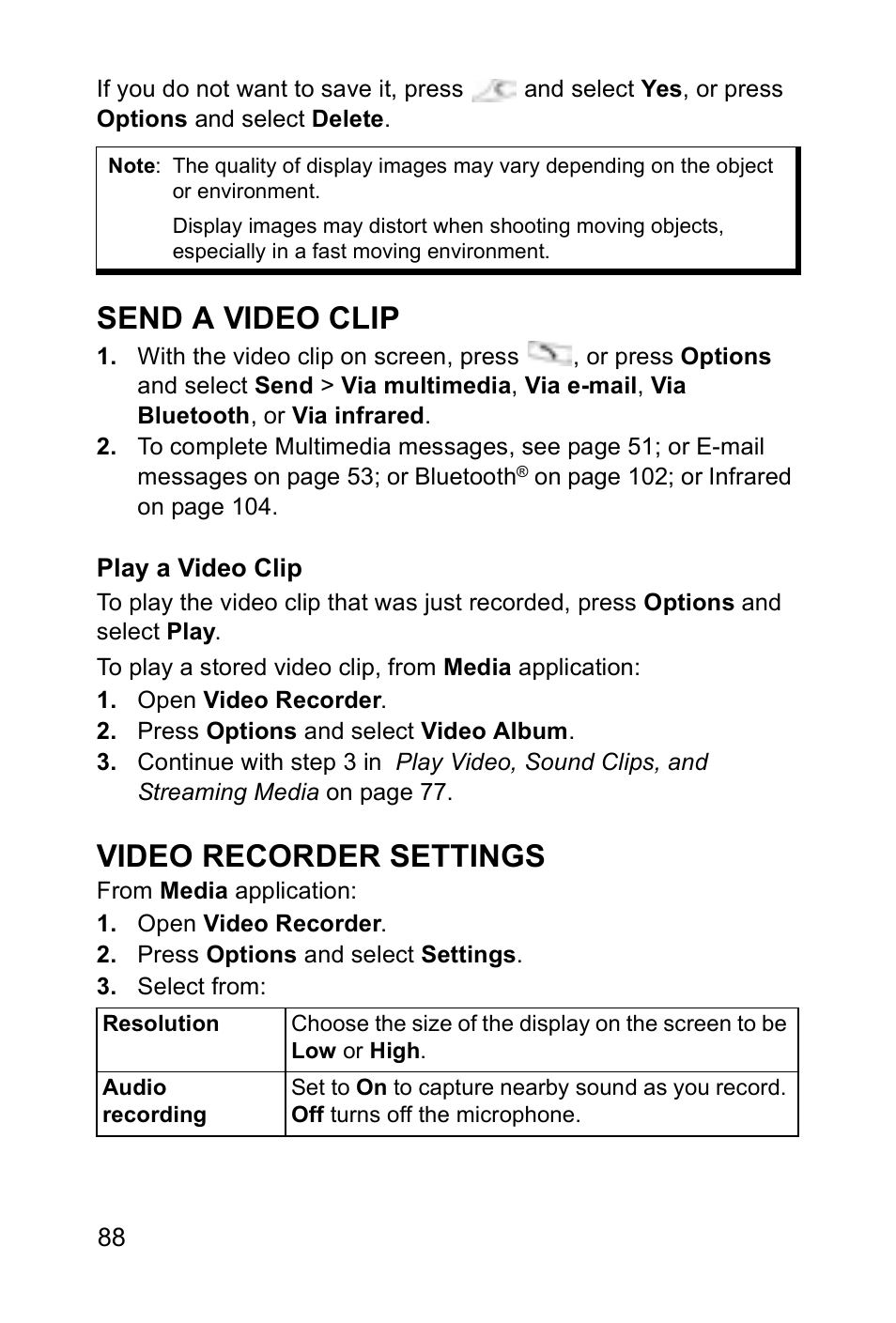 Send a video clip, Video recorder settings | Panasonic EB-X700 User Manual | Page 91 / 179