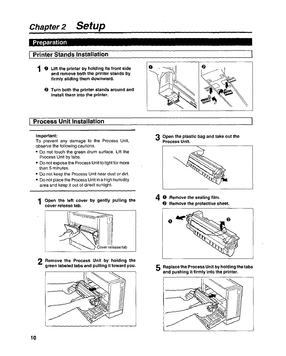 Preparation, Process unit installation, Important | Open the plastic bag and take out the process unit, 2 setup, Chapter, Printer stands (nstaffation o | Panasonic KX-P6100 User Manual | Page 10 / 44