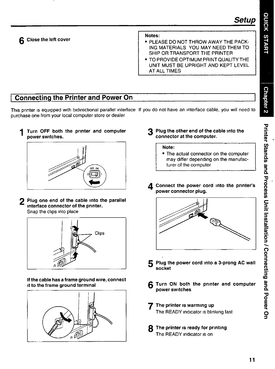 Connecting the printer and power on, Setup | Panasonic KX-P6100 User Manual | Page 11 / 44