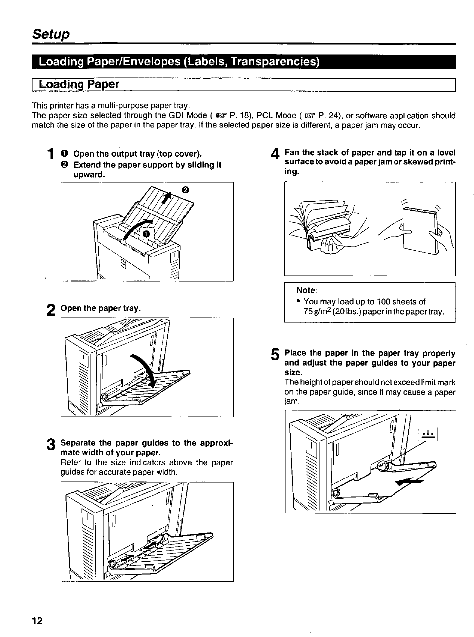 Loading paper/envelopes (labels, transparencies), T^oading paper, Note | Setup | Panasonic KX-P6100 User Manual | Page 12 / 44