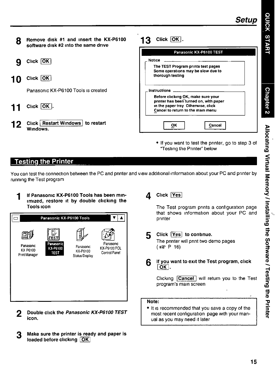 Testing the printer, Setup | Panasonic KX-P6100 User Manual | Page 15 / 44