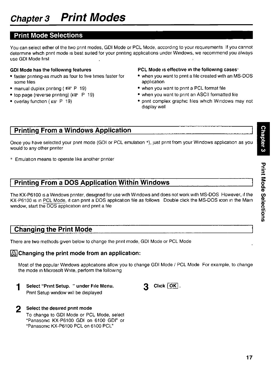 Print mode selections, Gdi mode has the following features, Pcl mode is effective in the following cases | Printing from a windows application, Printing from a dos application within windows, Changing the print mode, Changing the print mode from an application, Select “print setup. ” under file menu, Select the desired print mode, Print modes | Panasonic KX-P6100 User Manual | Page 17 / 44