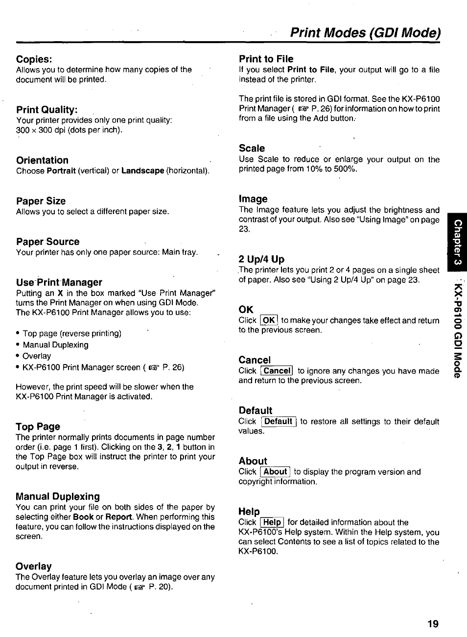 Copies, Print quality, Orientation | Print to file, Scale, Paper size, Paper source, Use print manager, Manual duplexing, Overlay | Panasonic KX-P6100 User Manual | Page 19 / 44