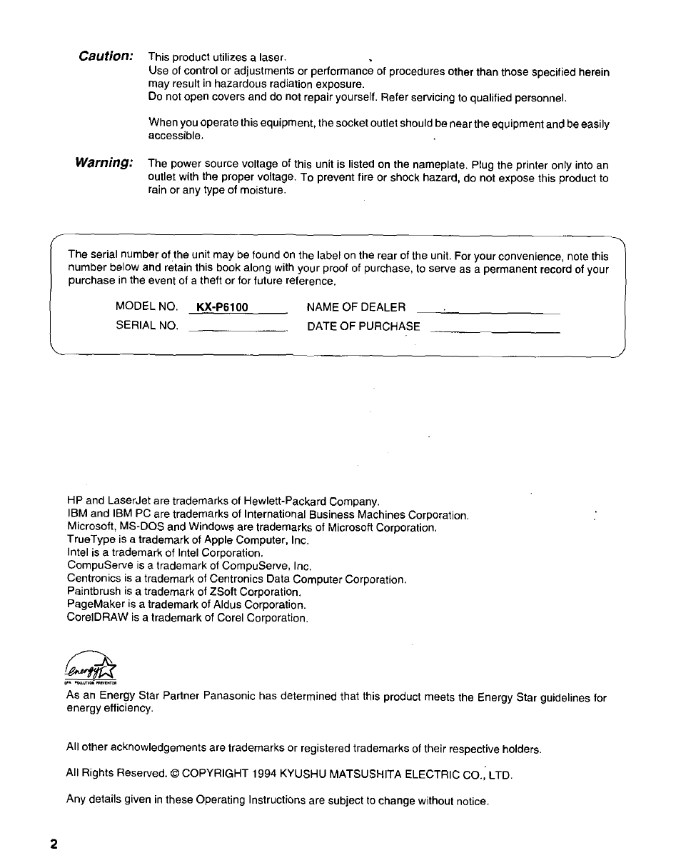 Panasonic KX-P6100 User Manual | Page 2 / 44