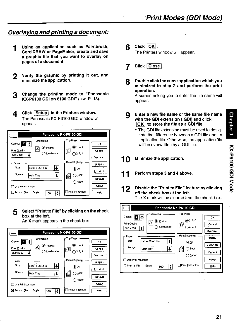 Print modes (gdi mode), Overlaying and printing a document | Panasonic KX-P6100 User Manual | Page 21 / 44