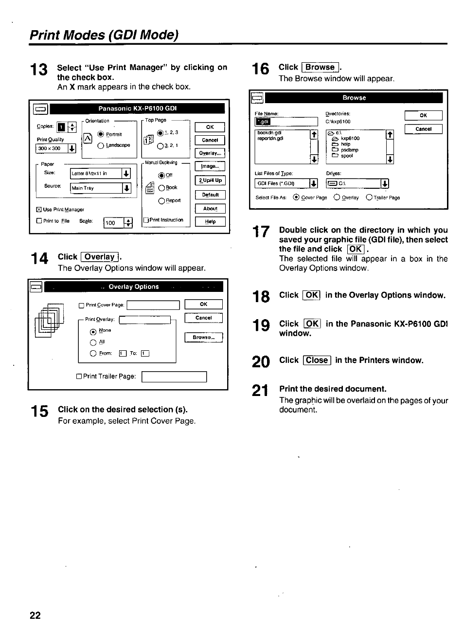 14 click i overlay, 15 click on the desired selection (s), 16 click i browse | 18 click i okj in the overlay options window, 20 click [close i in the printers window, 21 print the desired document, Print modes (gdi mode) | Panasonic KX-P6100 User Manual | Page 22 / 44