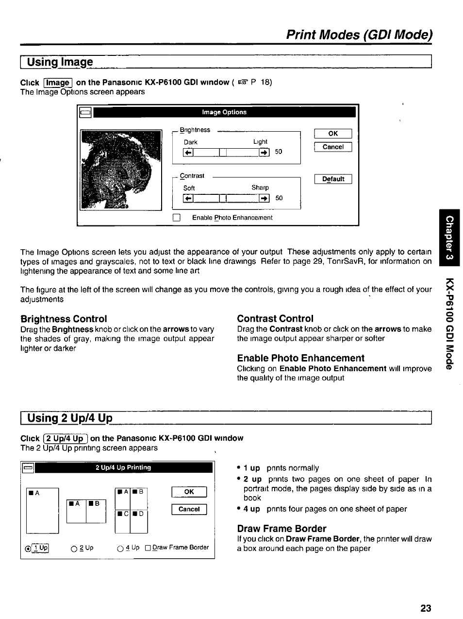 Using image, Contrast control, Enable photo enhancement | Using 2 up/4 up, Draw frame border, Print modes (gdi mode), W____ m l-h 50, W 
