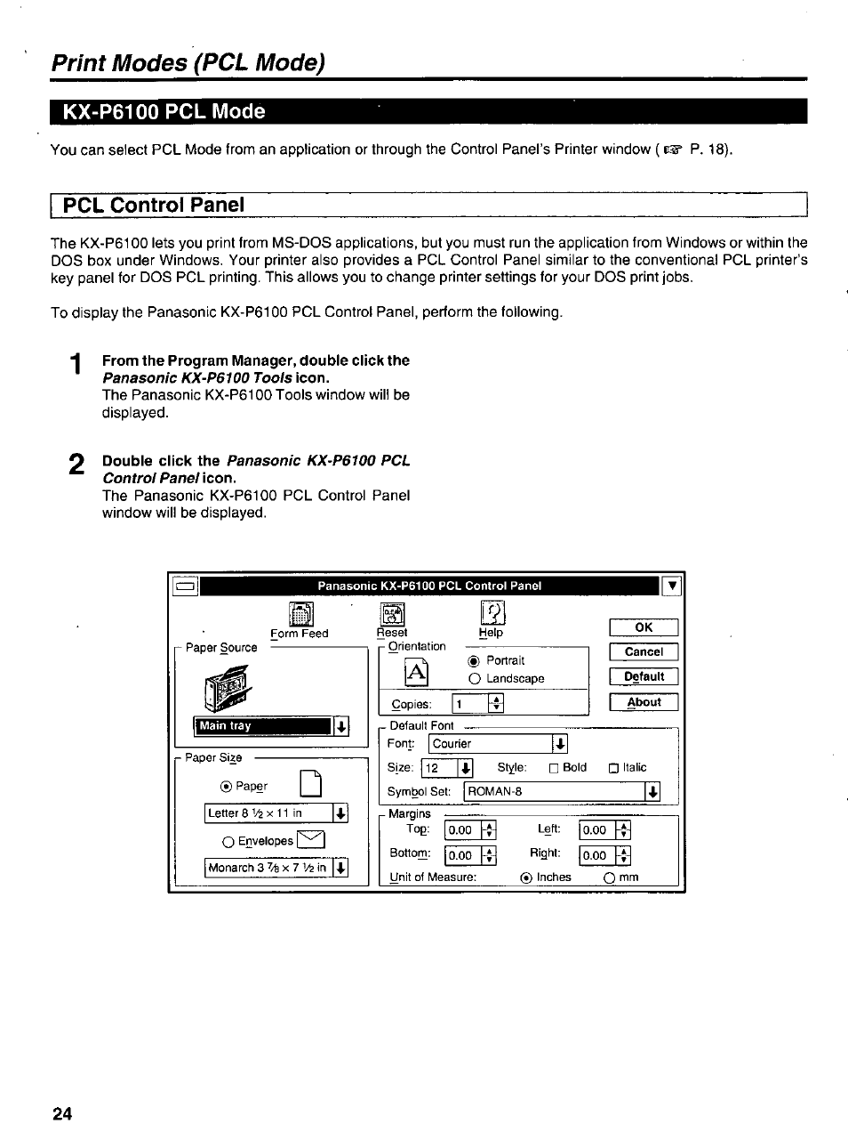 Kx-p6100 pclmode, Pcl control panel, Print modes (pcl mode) | O mm | Panasonic KX-P6100 User Manual | Page 24 / 44