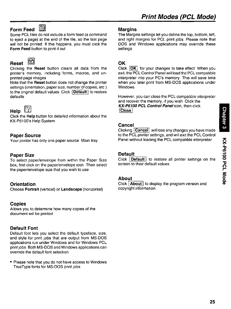 Form feed, Margins, Reset s | Help, Paper source, Paper size, Orientation, Copies, Default font, Print modes (pcl mode) | Panasonic KX-P6100 User Manual | Page 25 / 44