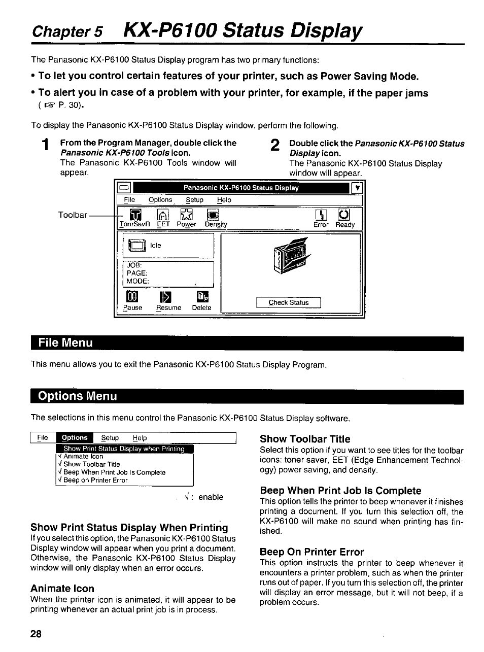 File menu, Options menu, Show print status display when printing | Animate icon, Show toolbar title, Beep when print job is complete, Beep on printer error, Kx-p6100 status display, Chapter 5 | Panasonic KX-P6100 User Manual | Page 28 / 44