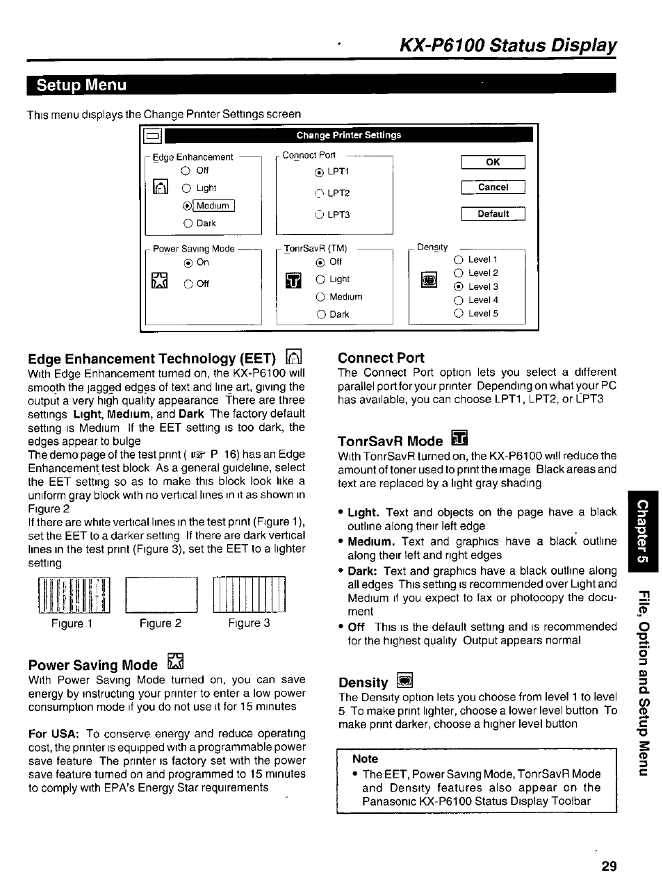 Setup menu, Power saving mode li, Connect port | Tonrsavr mode iol, Density b, Kx-p6100 status display | Panasonic KX-P6100 User Manual | Page 29 / 44