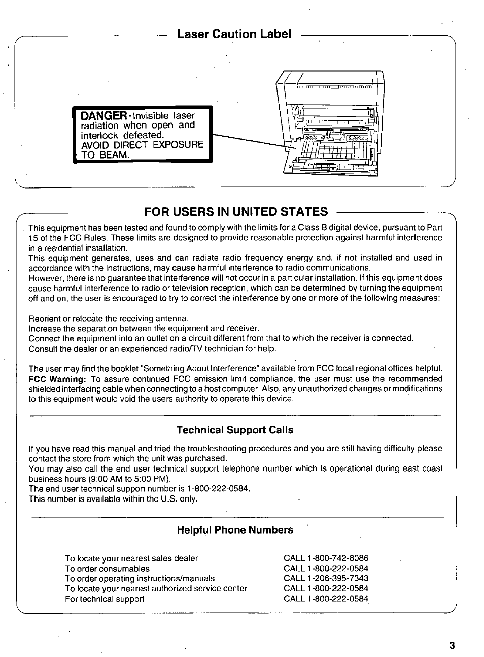 Laser caution label, For users in united states, Technical support calls | Helpful phone numbers, Laser caution label danger | Panasonic KX-P6100 User Manual | Page 3 / 44