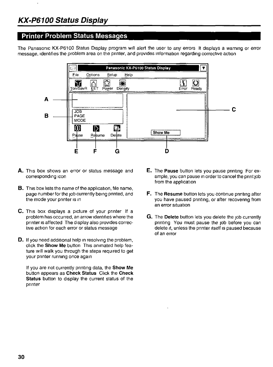 Printer problem status messages, Kx-p6100 status display | Panasonic KX-P6100 User Manual | Page 30 / 44