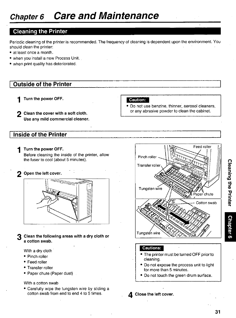 Cleaning the printer, Outside of the printer, Turn the power off | Inside of the printer, Inside-of the printer, 6 care and maintenance, Chapter | Panasonic KX-P6100 User Manual | Page 31 / 44