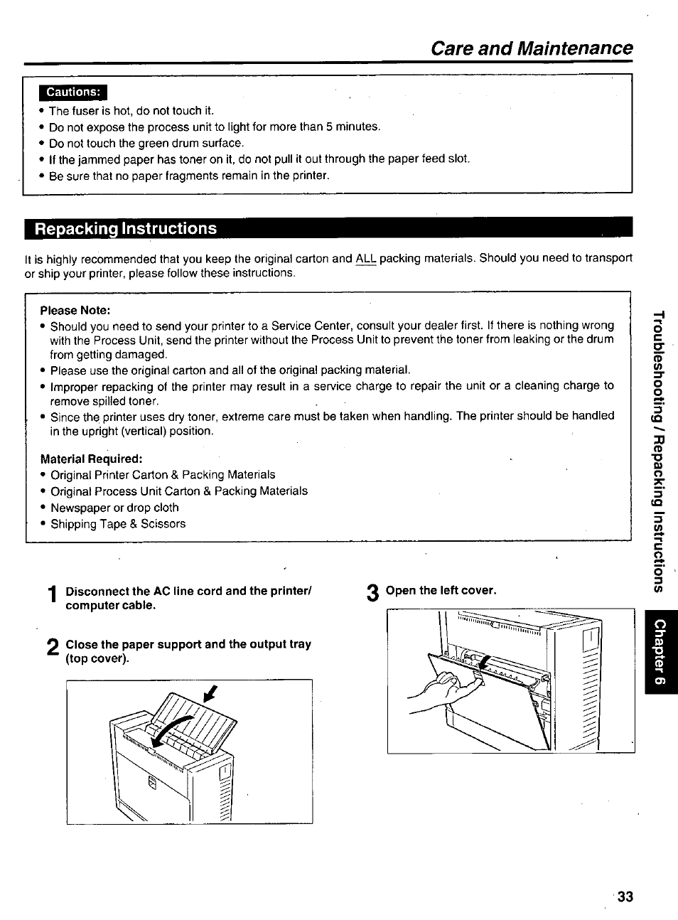 Cautions, Repacking instructions, Please note | Material required, 2 open, Care and maintenance | Panasonic KX-P6100 User Manual | Page 33 / 44