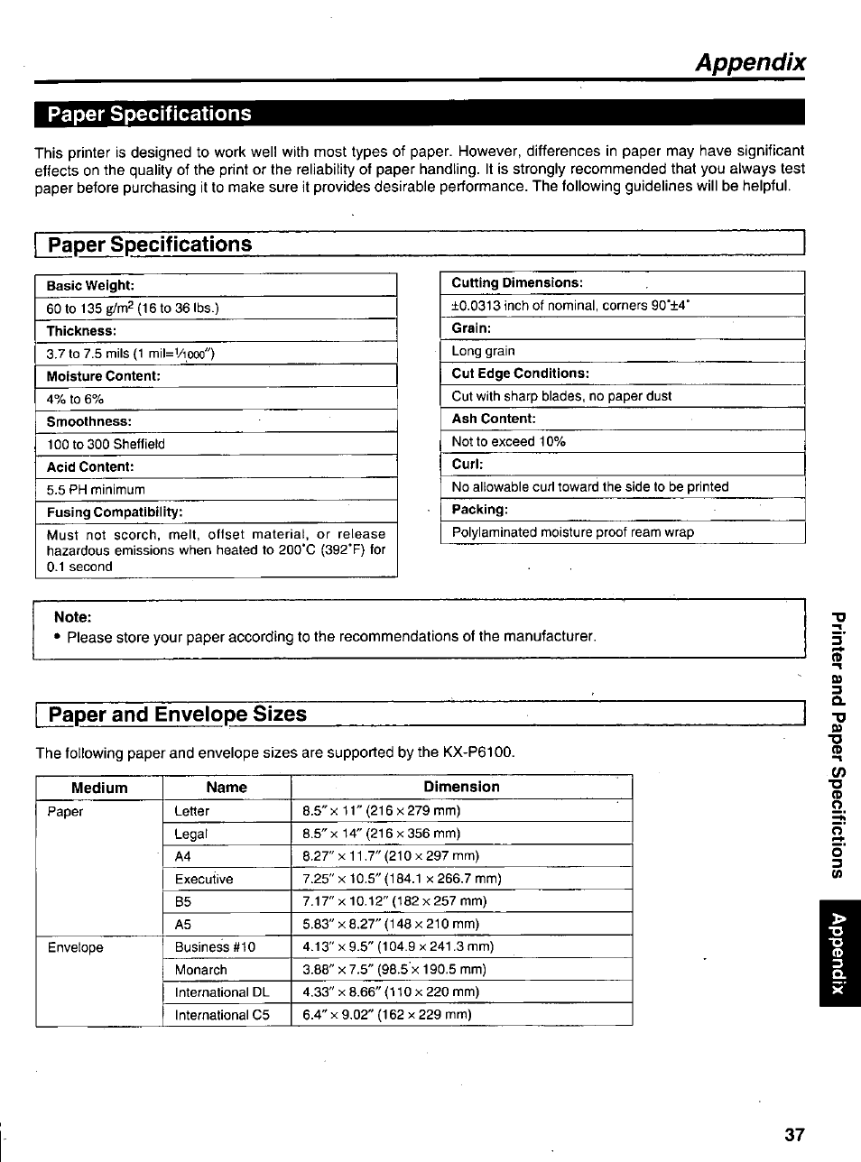 Appendix, Paper specifications, I paper specifications | Paper and envelope sizes | Panasonic KX-P6100 User Manual | Page 37 / 44