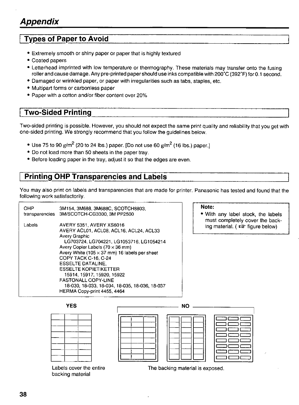 I types of paper to avoid, Two-sided printing, Printing ohp transparencies and labels | Note, Types of paper to avoid two-sided printing, Appendix, Types of paper to avoid | Panasonic KX-P6100 User Manual | Page 38 / 44