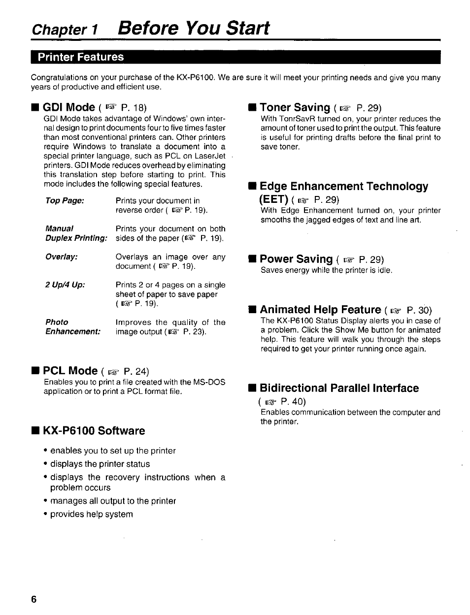 Printer features, Gdi mode p.^q), Kx-p6100 software | Toner saving (p.29), Edge enhancement technology (eet) (p. 29), Power saving (p. 29), Animated help feature (p. 30), Bidirectional parallel interface, 1 before you start, Chapter | Panasonic KX-P6100 User Manual | Page 6 / 44