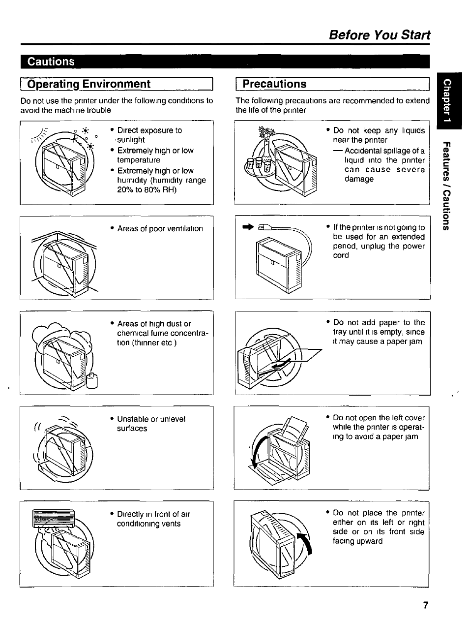 Cautions, Operating environment, Precautions | Before you start, Cautions operating environment | Panasonic KX-P6100 User Manual | Page 7 / 44