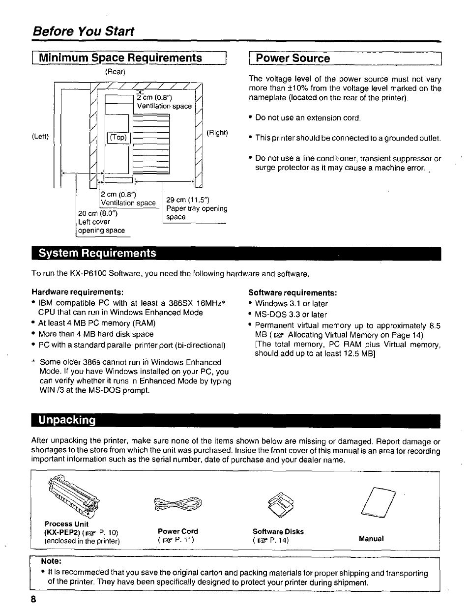 Power source, System requirements, Unpacking | Before you start, Minimum space requirements | Panasonic KX-P6100 User Manual | Page 8 / 44