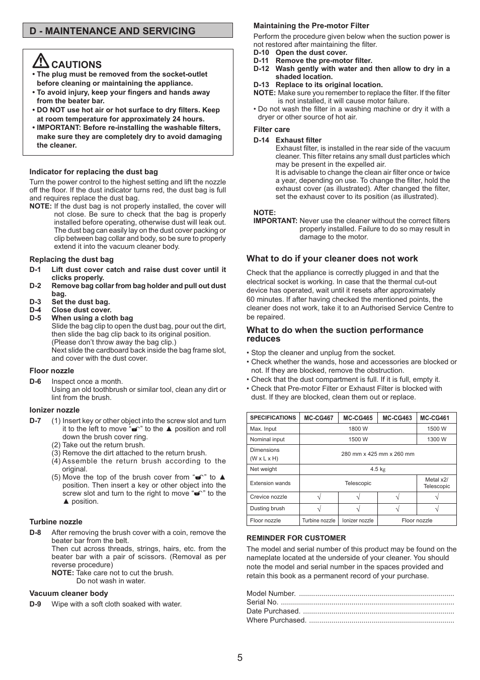 5d - maintenance and servicing, Cautions | Panasonic MC-CG461 User Manual | Page 5 / 12