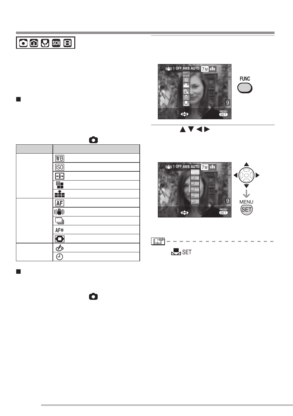 Using the [rec] mode menu, W.balance (p59), Sensitivity (p60) | Aspect ratio (p61), Pict.size (p61), Quality (p61) page 2, Af assist lamp (p65), D.zoom (p31) page 3, Col.mode (p65) | Panasonic DMC-LS75 User Manual | Page 58 / 112