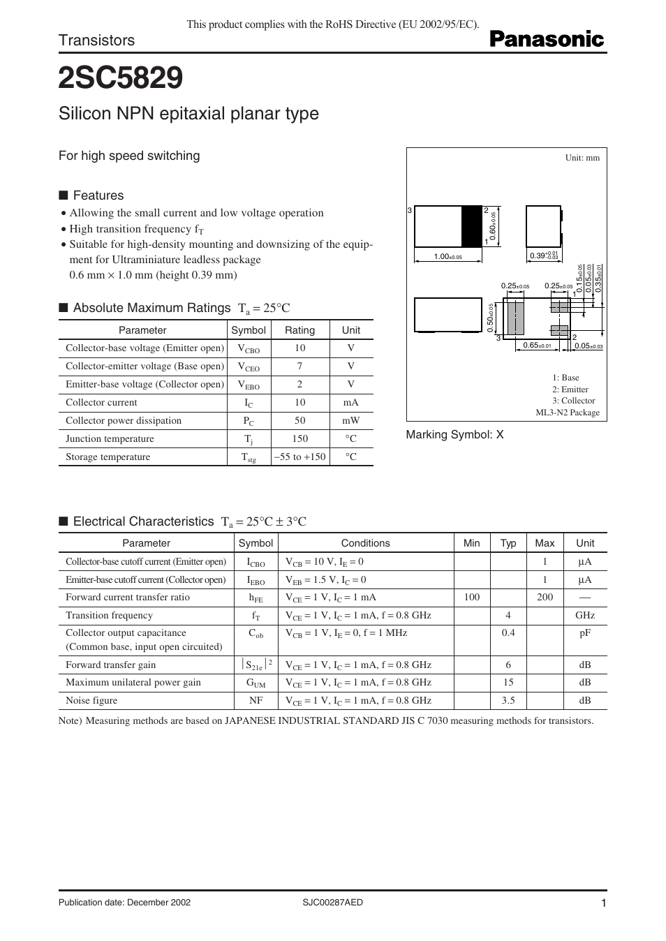 Panasonic 2SC5829 User Manual | 3 pages