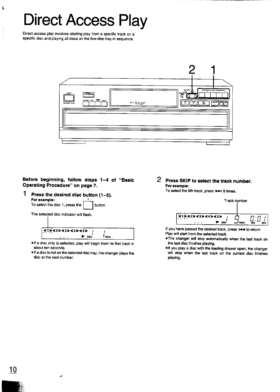 1 press the desired disc button (1 -5), 2 press skip to seiect the track number, Direct access play | Panasonic SL-PD347 User Manual | Page 10 / 24