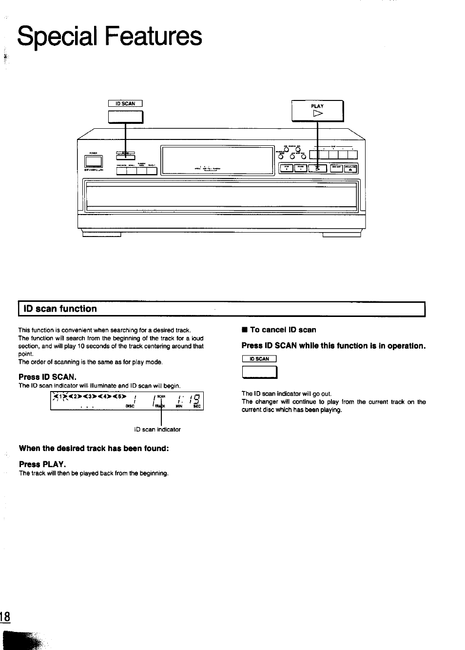 Id scan function, When the desired track has been found: press play, To cancel id scan | Special features | Panasonic SL-PD347 User Manual | Page 18 / 24